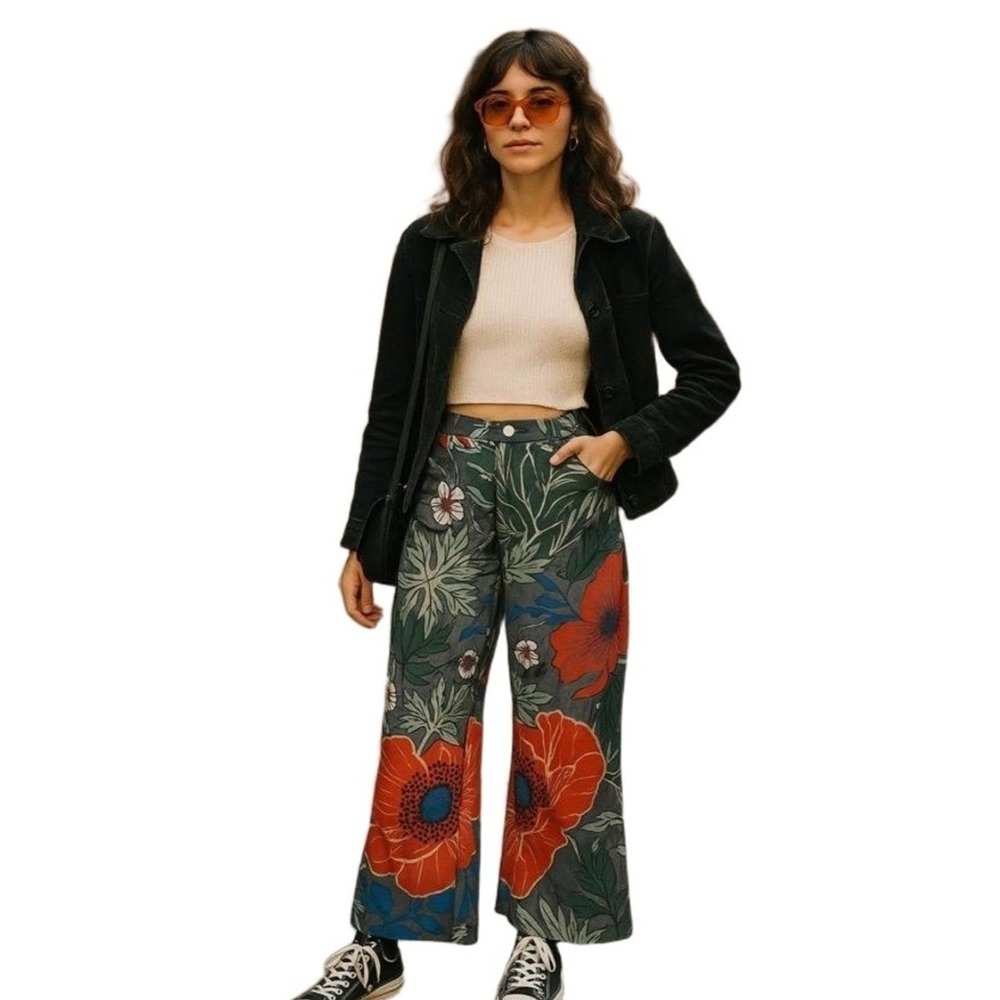 Vintage Inspired Pants Womens Medium Bold Floral Wide-Leg Pants Boho
